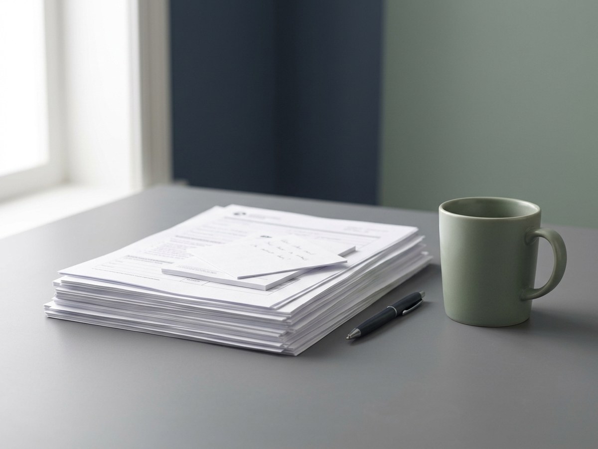 Paperwork and a coffee mug on a table